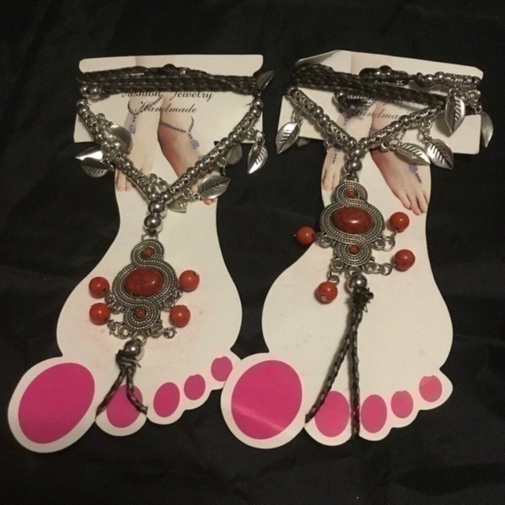 Boho Lace-up Rope Handmade Toe Ring Red Stone Anklet With leaves